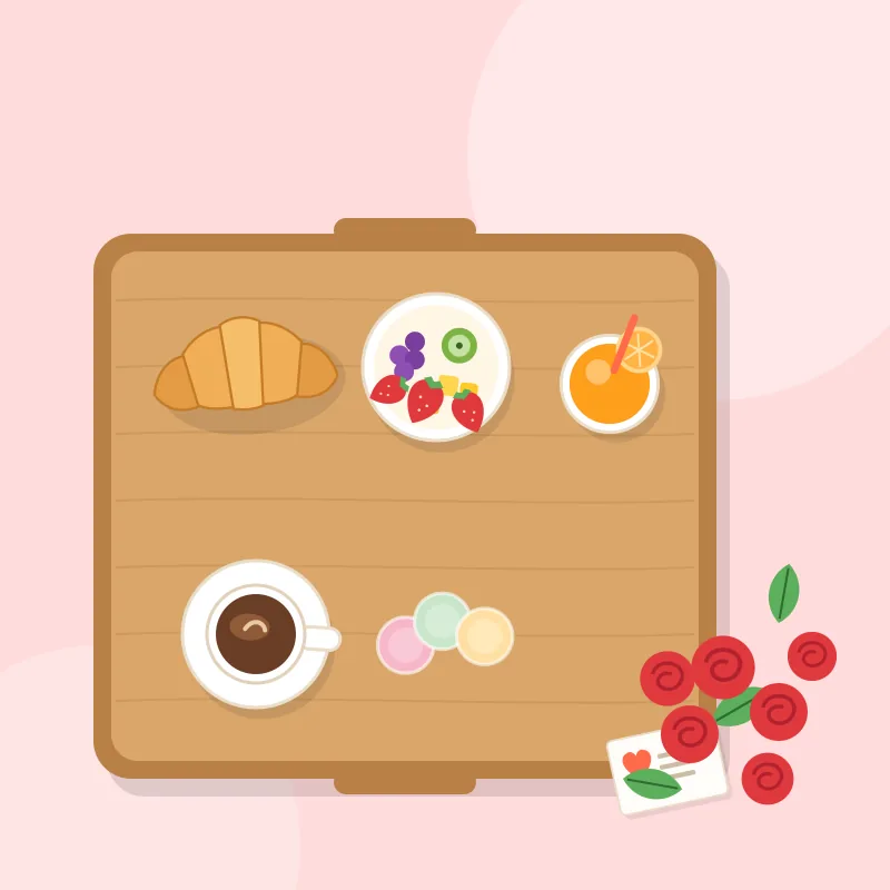 Desayuno Sorpresa con Rosas: bouquet de 12 rosas frescas tipo exportación, bandeja de madera con detalles florales, croissant relleno de jamón y queso