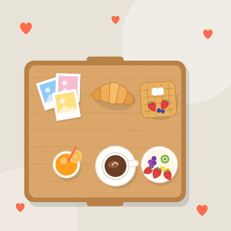 Desayuno Sorpresa con Fotos: 8 fotos impresas tipo polaroid (envíalas por whatsapp), tendedero con pinzas de madera o mini álbum, bandeja de madera
