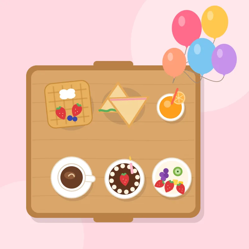 Desayuno Sorpresa de Cumpleaños con Globos: ramillete de 6 globos con helio (1 número metalizado), bandeja de madera con decoración de cumpleaños, mini torta de chocolate con vela