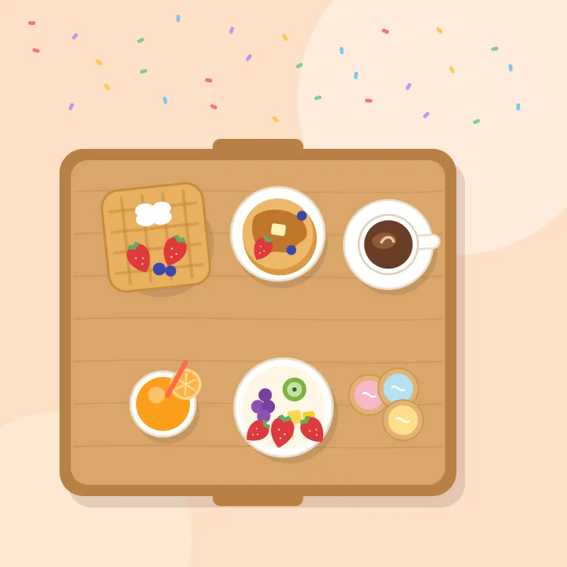 Desayuno Sorpresa con Waffles y Pancakes: bandeja de madera decorada, waffle belga con nutella y fresas, torre de 3 pancakes con arequipe y banano