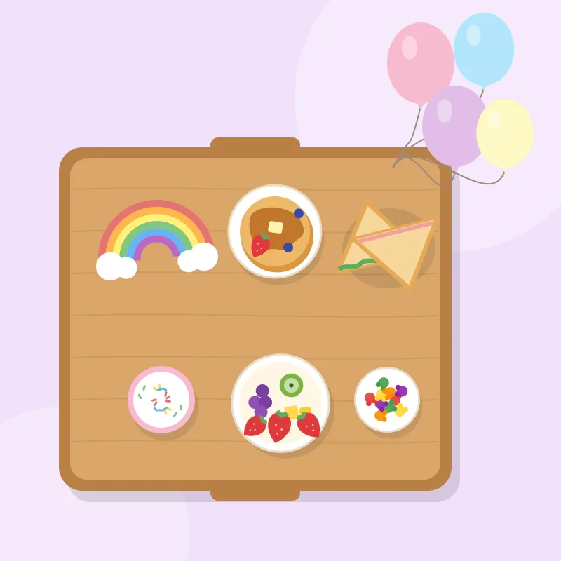 Desayuno Sorpresa Infantil Arcoíris: unicornio de peluche de 20 cm, bandeja con decoración arcoíris, pancakes de colores con crema