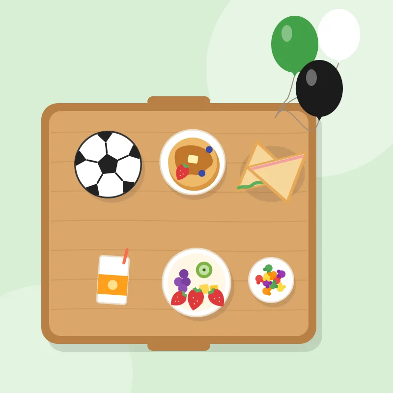 Desayuno Sorpresa Infantil Fútbol: balón de fútbol número 3, bandeja con decoración de cancha, mini pancakes con miel
