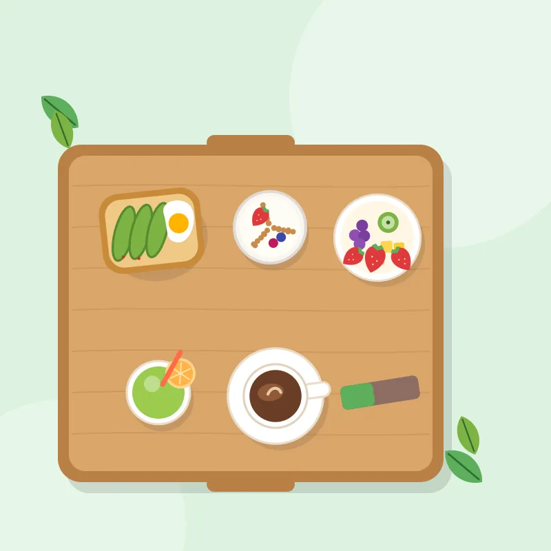 Desayuno Sorpresa Saludable Fit: bandeja de madera con decoración natural, tostada de pan de masa madre con aguacate y huevo pochado, parfait de yogur griego, granola artesanal sin azúcar y frutos rojos