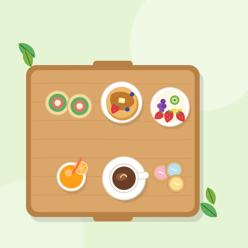 Desayuno Sorpresa Vegano: bandeja de madera con decoración natural, wrap de hummus, garbanzo especiado y vegetales asados, pancakes de avena hechos con leche de almendras y sirope de agave